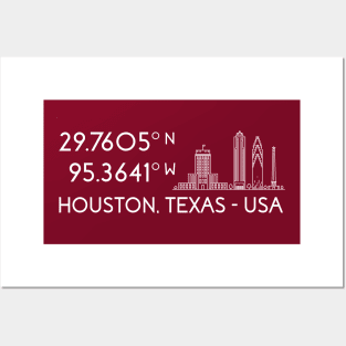 Houston Map Coordinates (latitude and longitude) focused on Chase Tower - white text + image Posters and Art